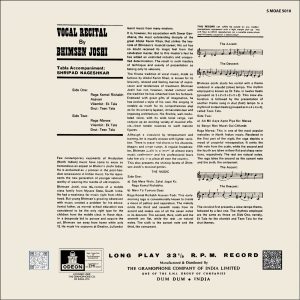 Bhimsen Joshi - Vocal Recital - SMOAE 5010 - (85-90%) - CR- Indian Classical Vocal LP Vinyl