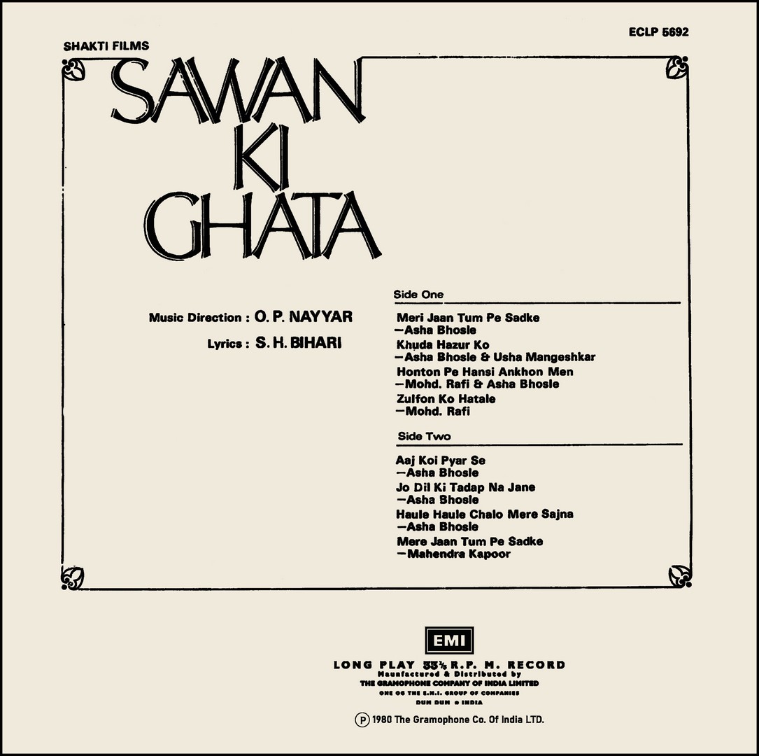 Sawan Ki GhatSawan Ki Ghata - ECLP 5692 - (Condition 85-90%) – Cover Reprinted - Bollywood LP Vinyl Recorda ECLP 5692 back side (Copy) Sawan Ki Ghata - ECLP 5692 - (Condition 85-90%) – Cover Reprinted - Bollywood LP Vinyl Record