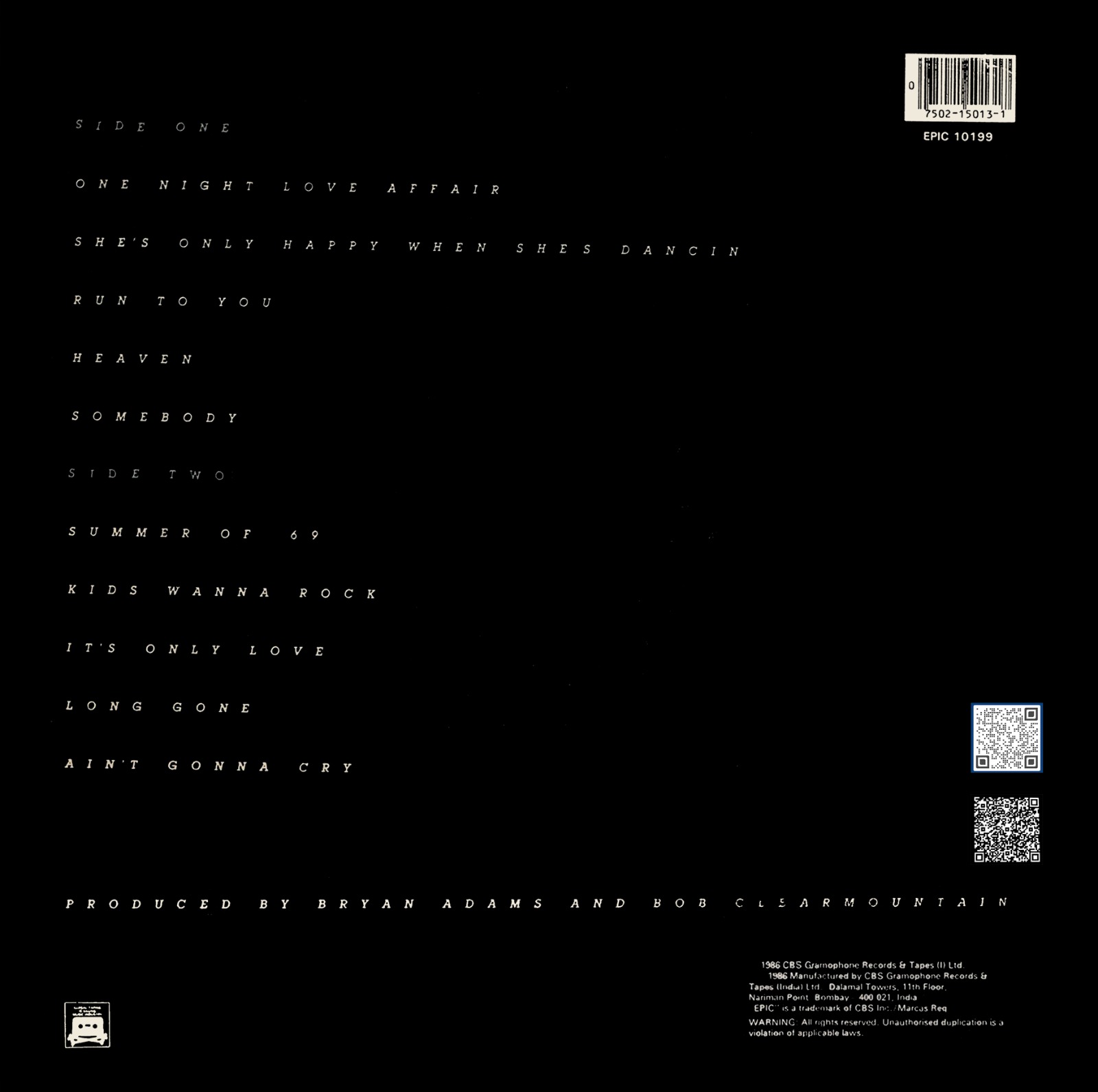 Bryan Adams – Reckless – EPIC 10199 - (Condition 85-90%) - Cover Reprinted - English LP Vinyl Record Bryan Adams – Reckless – EPIC 10199 - (Condition 85-90%) - Cover Reprinted - English LP Vinyl Record