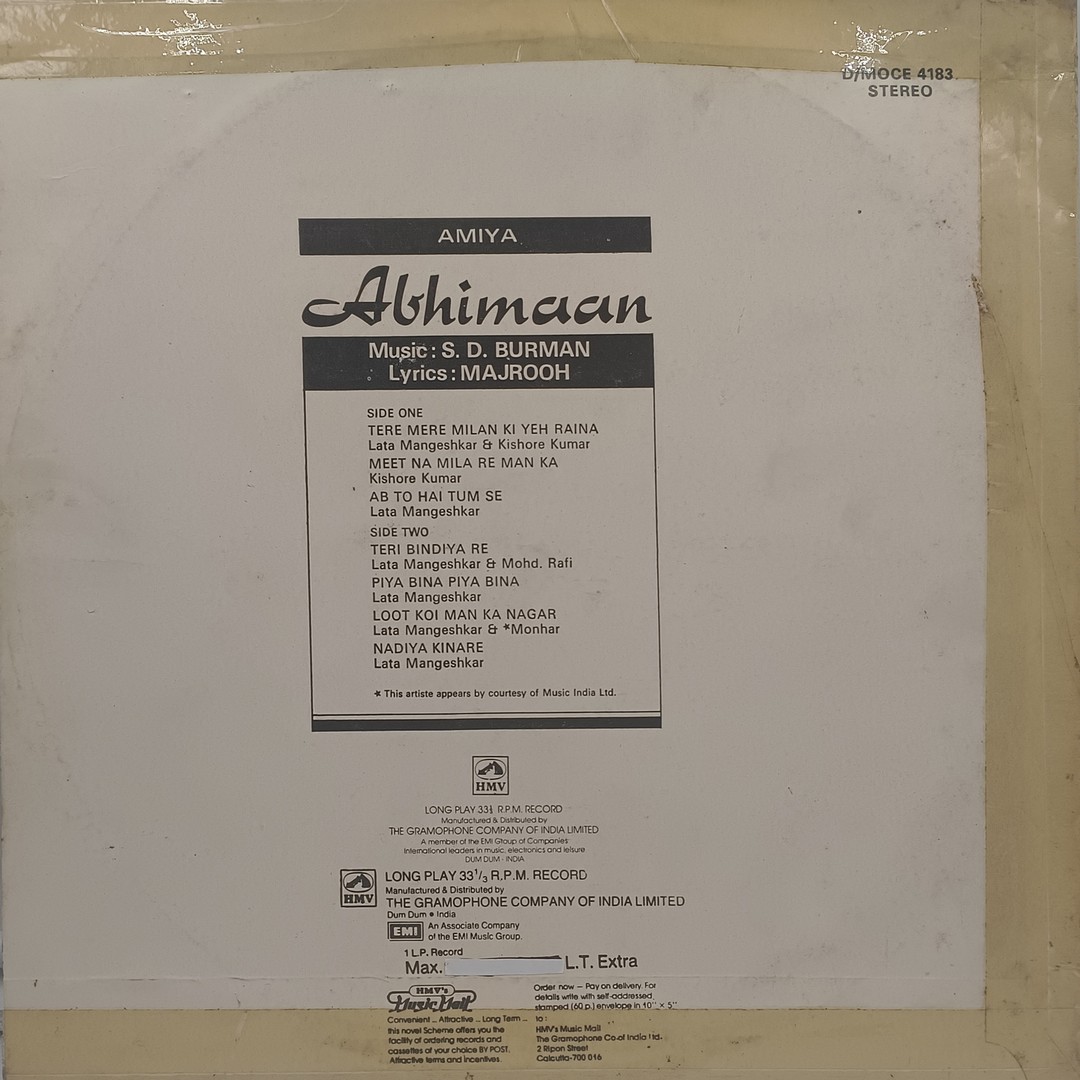 Abhimaan -D/MOCE 4183 - Bollywood Rare LP Vinyl Record Abhimaan -D/MOCE 4183 - Bollywood Rare LP Vinyl Record