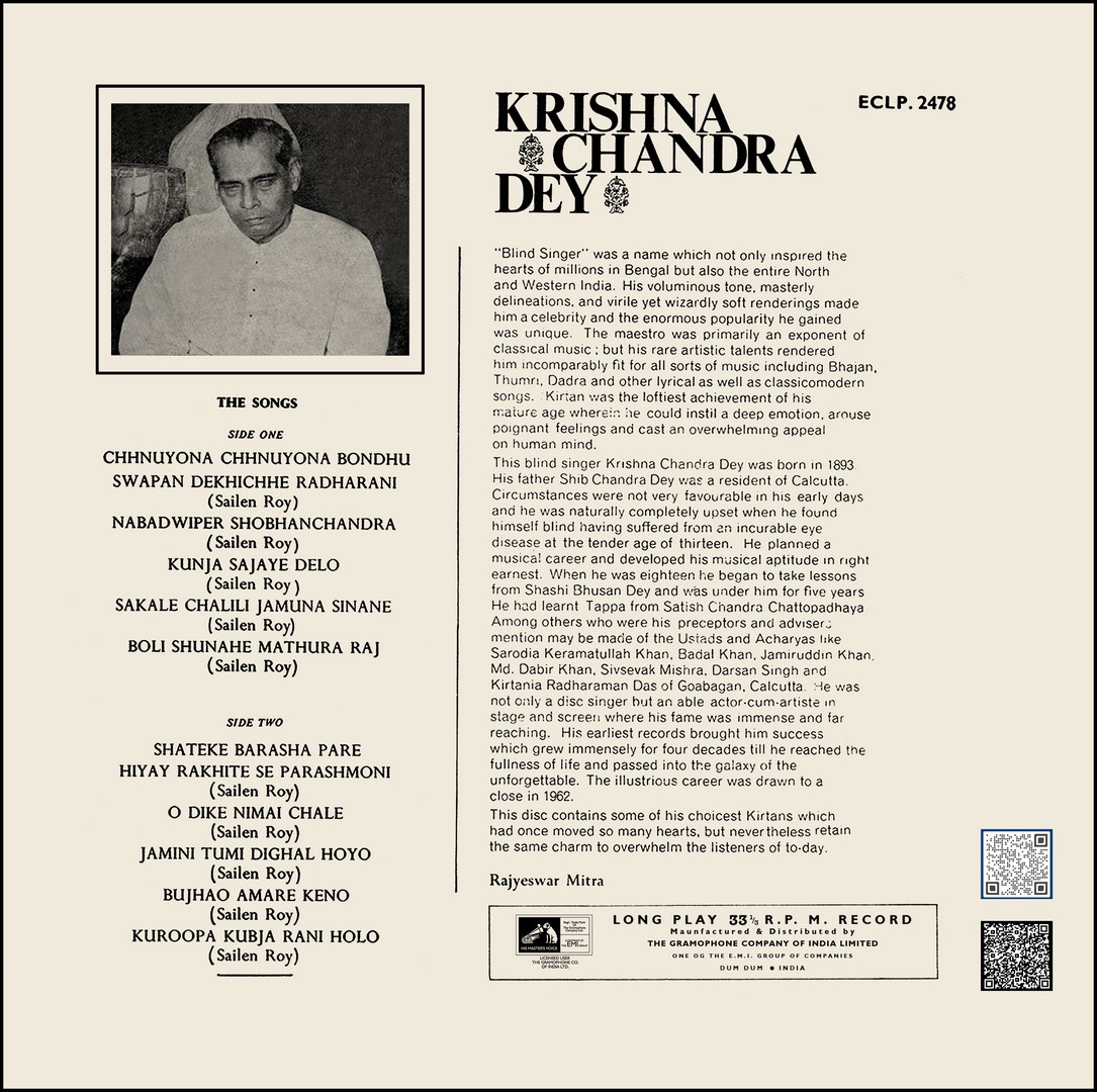 Krishna Chandra Dey – ECLP 2478 - (90-95%) – CR - Bengali Vinyl LP Record Krishna Chandra Dey – ECLP 2478 - (90-95%) – CR - Bengali Vinyl LP Record