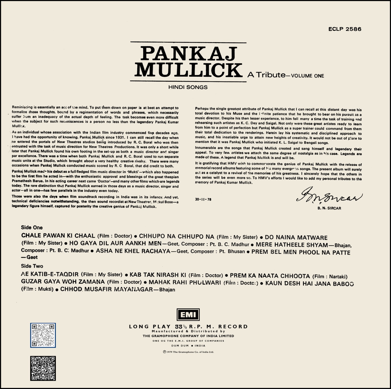 Pankaj Mullick - A Tribute - Volume One Hindi Songs - CR - ECLP 2586 - Film Hits LP Vinyl Record Pankaj Mullick - A Tribute - Volume One Hindi Songs - CR - ECLP 2586 - Film Hits LP Vinyl Record
