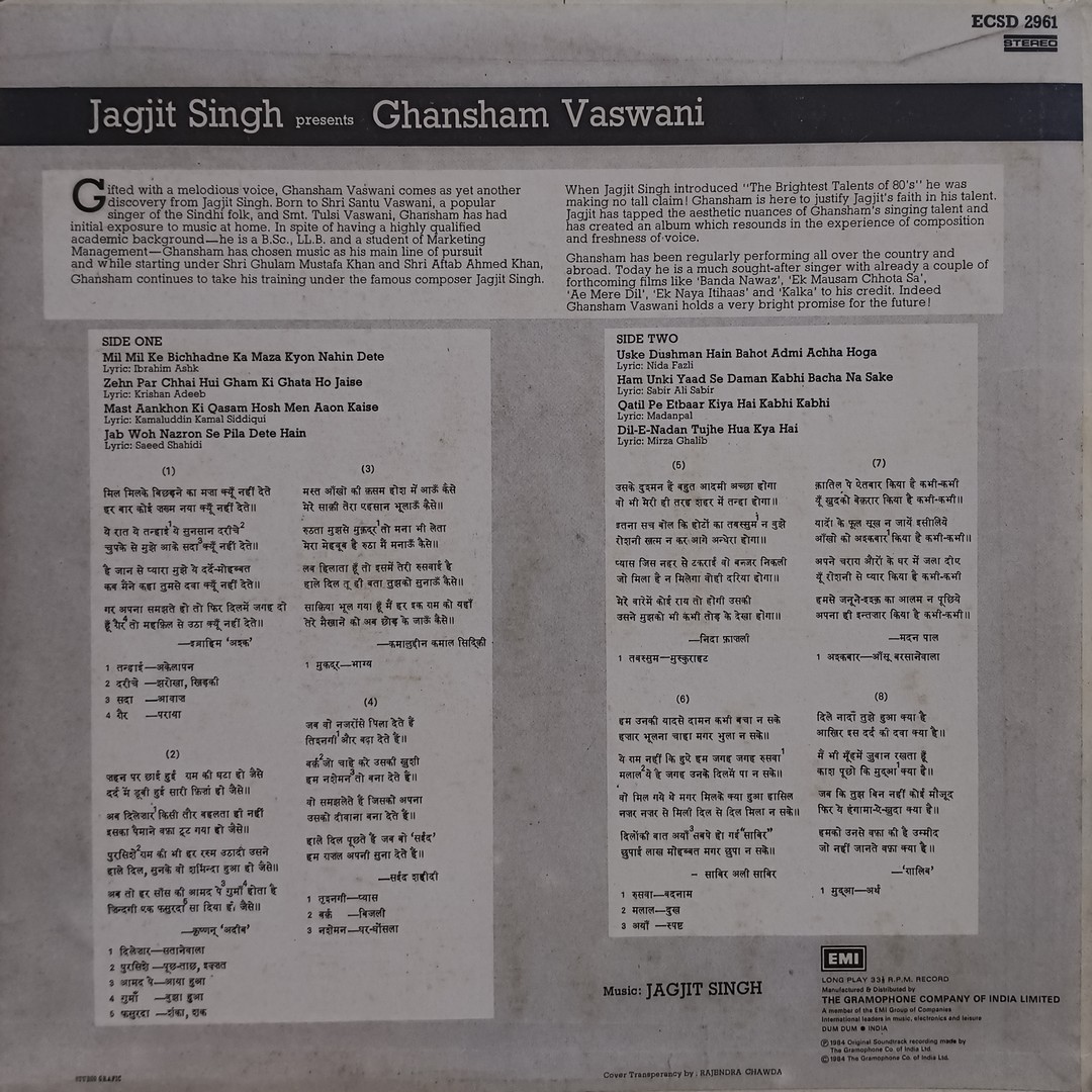 Jagjit Singh - Jagjit Singh Presents Ghansham Vaswani - ECSD 2961 – Ghazals LP Vinyl Record Jagjit Singh - Jagjit Singh Presents Ghansham Vaswani - ECSD 2961 – Ghazals LP Vinyl Record