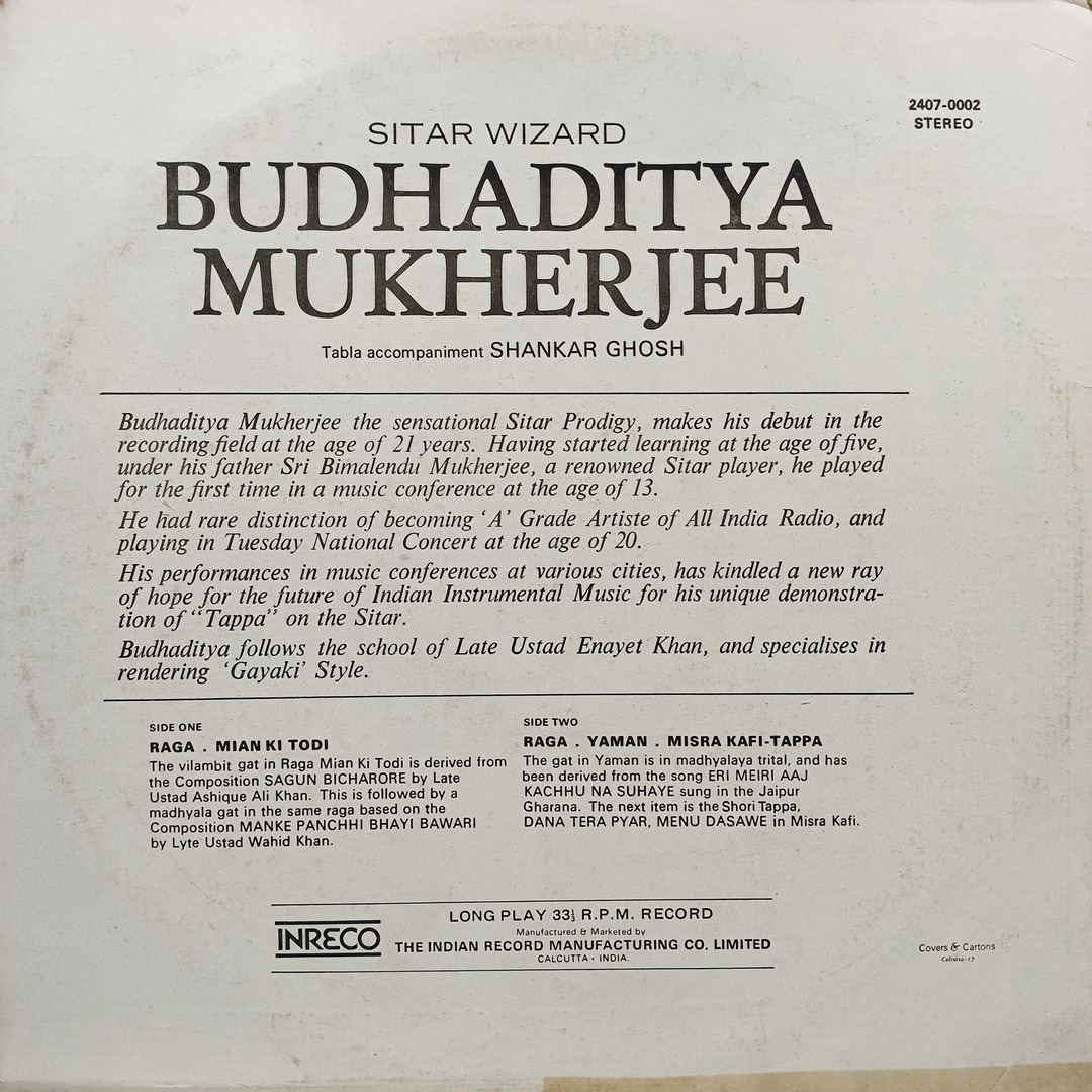 Budhaditya Muhkerjee - 2407 0002 - (Condition - 90-95%) - Indian Classical Instrumental LP Vinyl Record Budhaditya Muhkerjee - 2407 0002 - (Condition - 90-95%) - Indian Classical Instrumental LP Vinyl Record