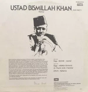 Bismillah Khan – ECSD 41512 - (Condition - 90-95%) - Indian Classical Instrumental LP Vinyl Record