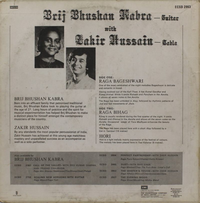 Brij Bhushan With Zakir - ECSD 2963- (Condition - 90-95%) - Classical Instrumental LP Vinyl Record Brij Bhushan With Zakir - ECSD 2963- (Condition - 90-95%) - Classical Instrumental LP Vinyl Record