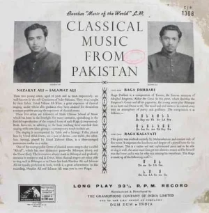 Classical Music from Pakistan - Nazakat Ali & Salamat Ali - CLP 1308 - (Condition - 80-85%) - HMV Black Label - Indian Classical Vocal LP Vinyl Record