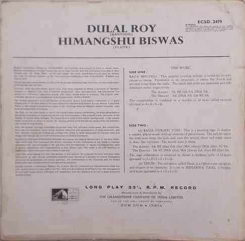 Himangshu Biswas And Dulal Roy - Santoor And Flute - ECSD 2479 - (Condition 85-90%) – Indian Classical Instrumental LP Vinyl Record Himangshu Biswas And Dulal Roy - Santoor And Flute - ECSD 2479 - (Condition 85-90%) – Indian Classical Instrumental LP Vinyl Record