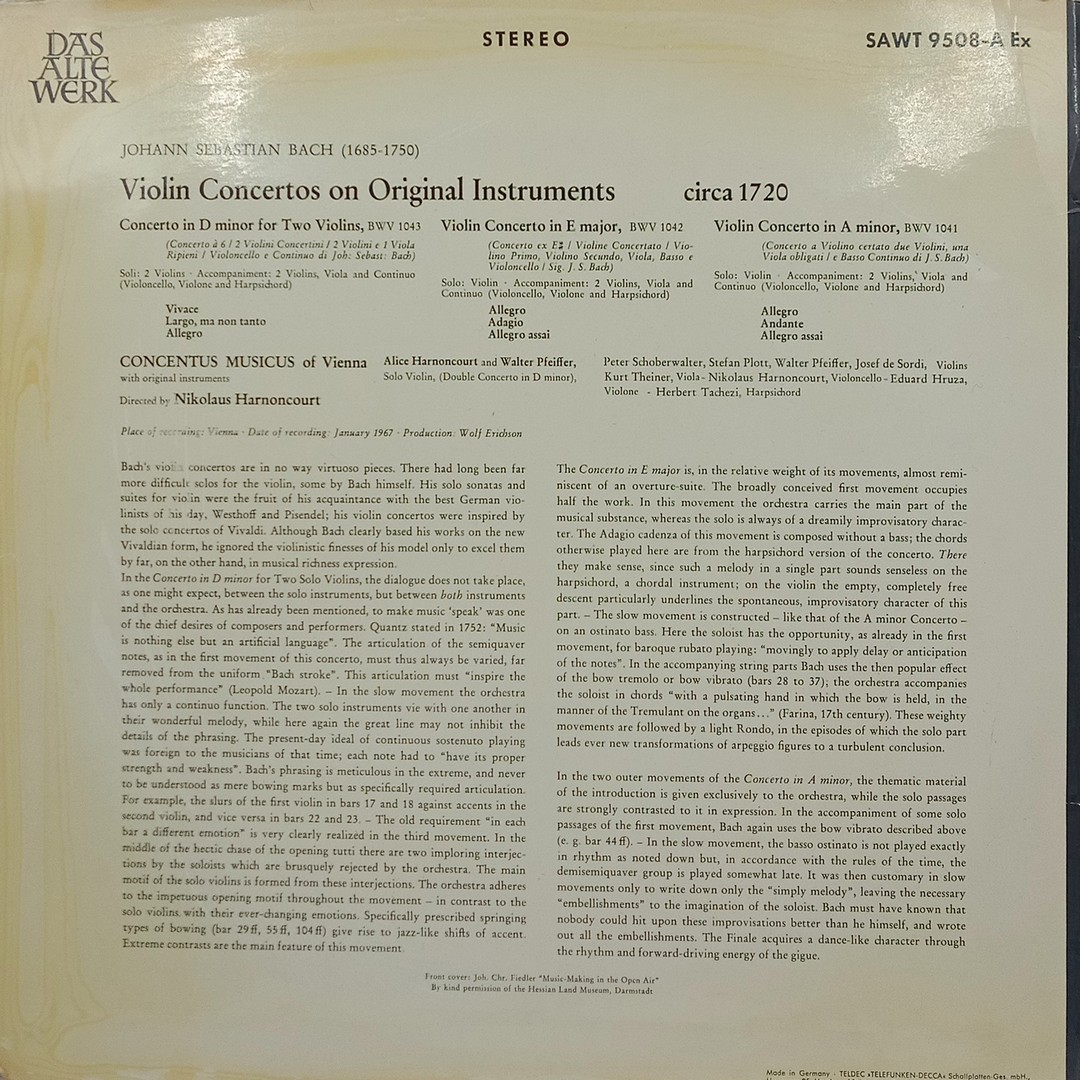 Johann Sebastian Bach – Violin Concertos On Original Instruments - SAWT 9508-A - (90-95%) - CBF - Western Classical LP Vinyl Record Johann Sebastian Bach – Violin Concertos On Original Instruments - SAWT 9508-A - (90-95%) - CBF - Western Classical LP Vinyl Record
