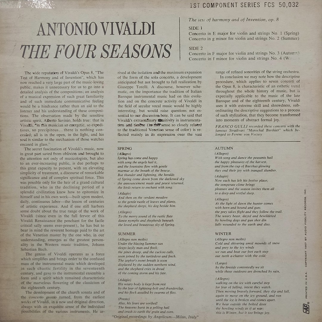 Antonio Vivaldi – The Four Seasons - FCS 50 032 - (90-95%) - Western Classical LP Vinyl Record Antonio Vivaldi – The Four Seasons - FCS 50 032 - (90-95%) - Western Classical LP Vinyl Record