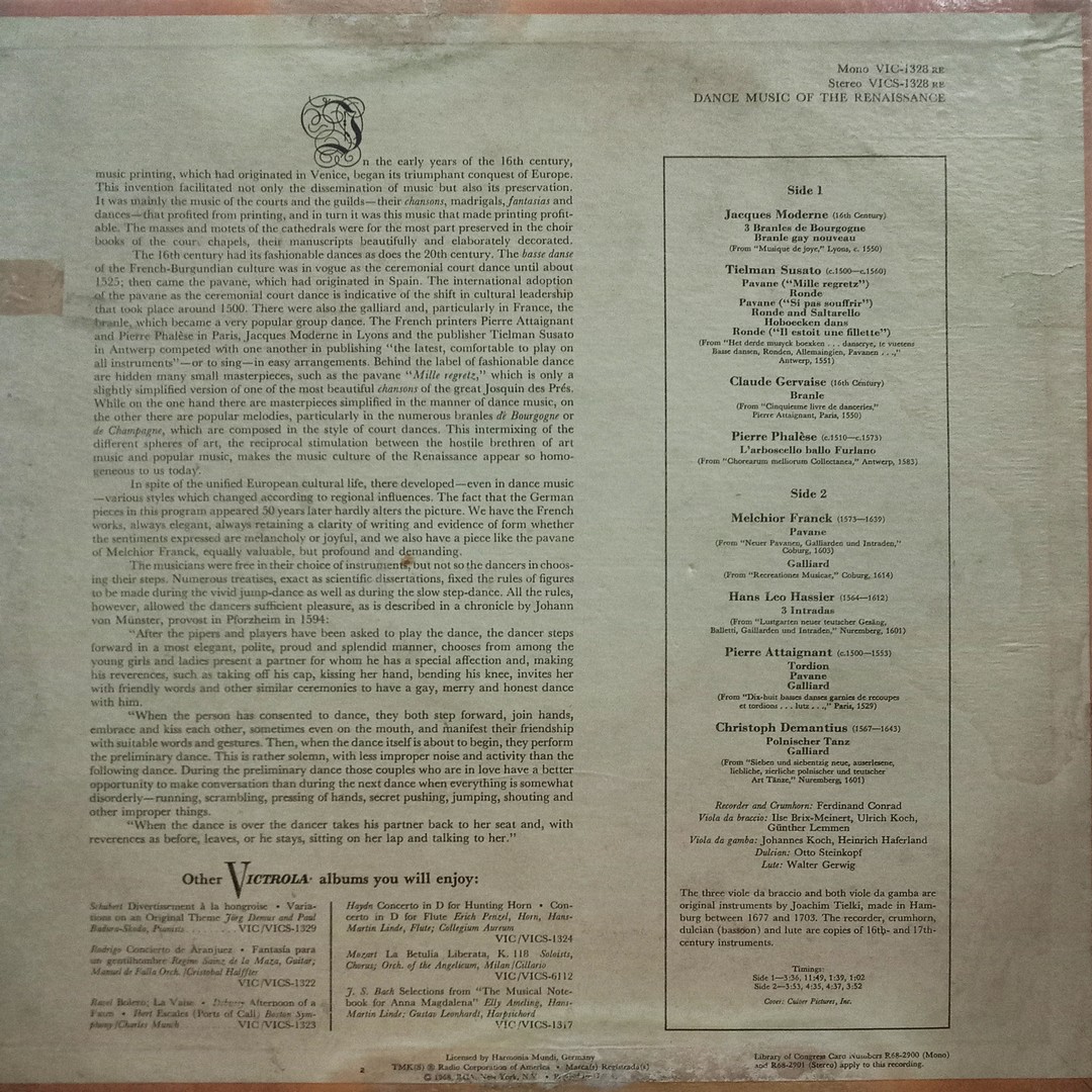 Dance Music of the Renaissance- VICS-1328 - (90-95%) - Western Instrumental LP Vinyl Record Dance Music of the Renaissance- VICS-1328 - (90-95%) - Western Instrumental LP Vinyl Record