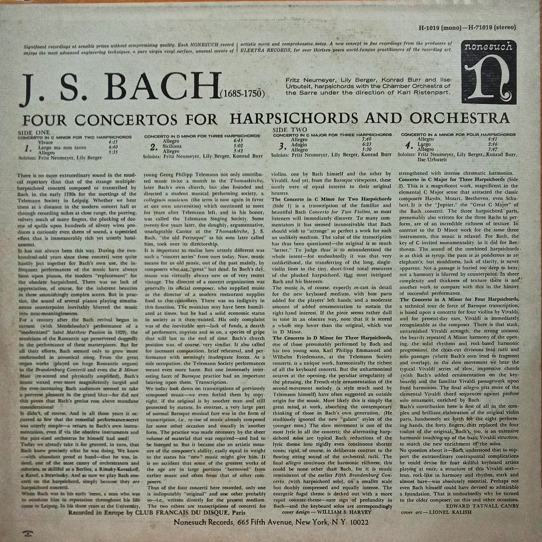J. S. Bach – Four Concertos For Harpsichords And Orchestra - H 71019 – Western Classical LP Vinyl Record J. S. Bach – Four Concertos For Harpsichords And Orchestra - H 71019 – Western Classical LP Vinyl Record