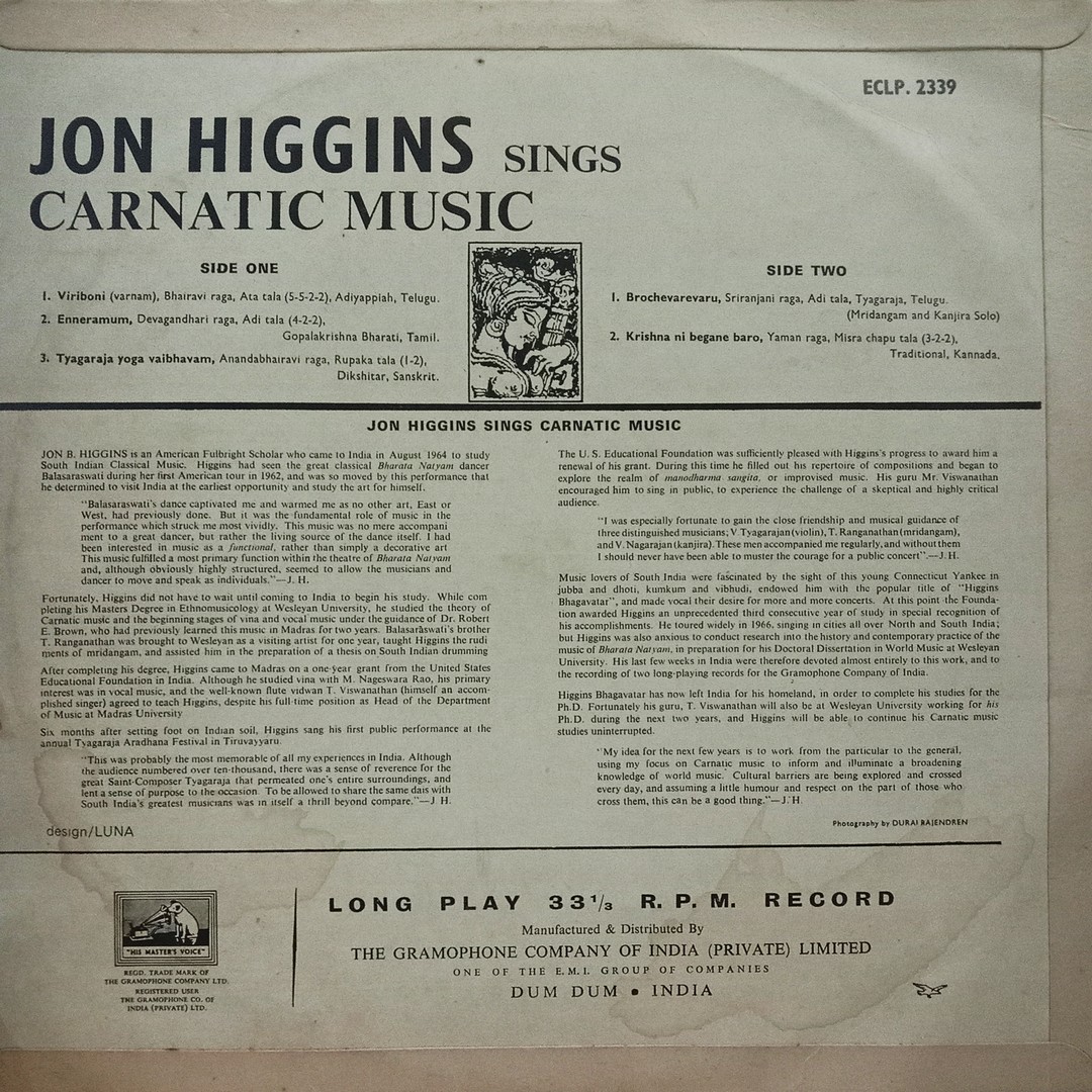 Jon Higgins Sings Carnatic Music - ECLP 2339 – HMV Black Label - (90-95%) – Indian Classical Vocal LP Vinyl Record Jon Higgins Sings Carnatic Music - ECLP 2339 – HMV Black Label - (90-95%) – Indian Classical Vocal LP Vinyl Record