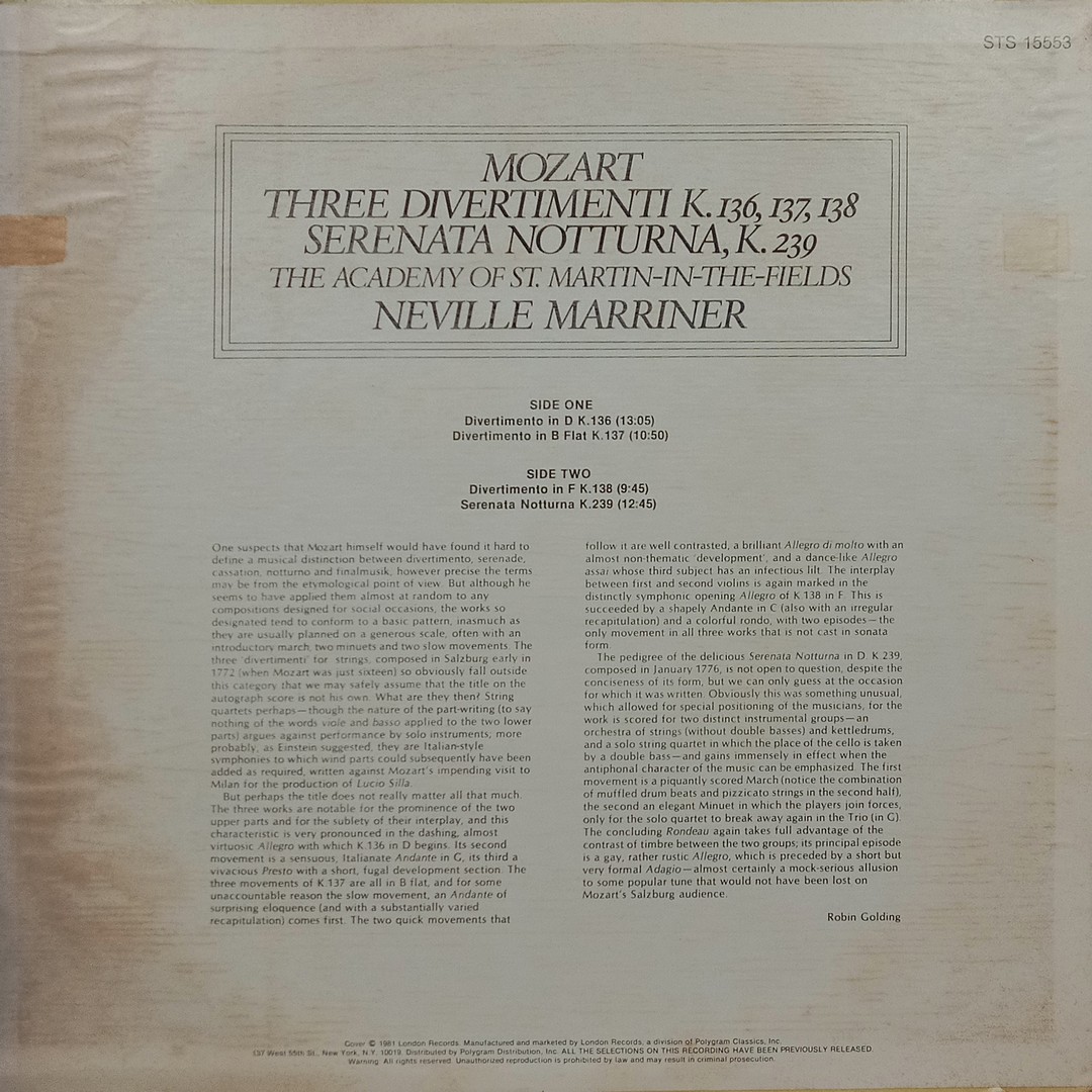 Mozart - Three Divertimenti - STS 15553 - Western Classical LP Vinyl Record Mozart - Three Divertimenti - STS 15553 - Western Classical LP Vinyl Record