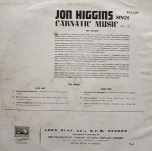 Jon B. Higgins - Carnatic Music Vol.2 - ECLP 2378 - HMV Black Label – Indian Classical Vocal LP Vinyl Record