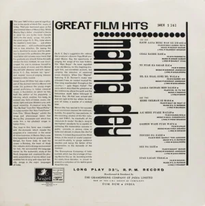 Manna Dey - Great Film Hits - 3AEX 5262 - (Condition - 90-95%) - Film Hits LP Vinyl Record