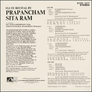Prapancham Sita Ram - Flute Recital - ECSD 3217 - (Condition 75-80%) – HMV Black Label – Cover Reprinted - Indian Classical Instrumental LP Vinyl Record