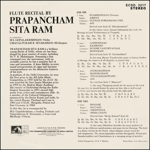 Prapancham Sita Ram - Flute Recital - ECSD 3217 - (Condition 75-80%) – HMV Black Label – Cover Reprinted - Indian Classical Instrumental LP Vinyl Record Prapancham Sita Ram - Flute Recital - ECSD 3217 - (Condition 75-80%) – HMV Black Label – Cover Reprinted - Indian Classical Instrumental LP Vinyl Record