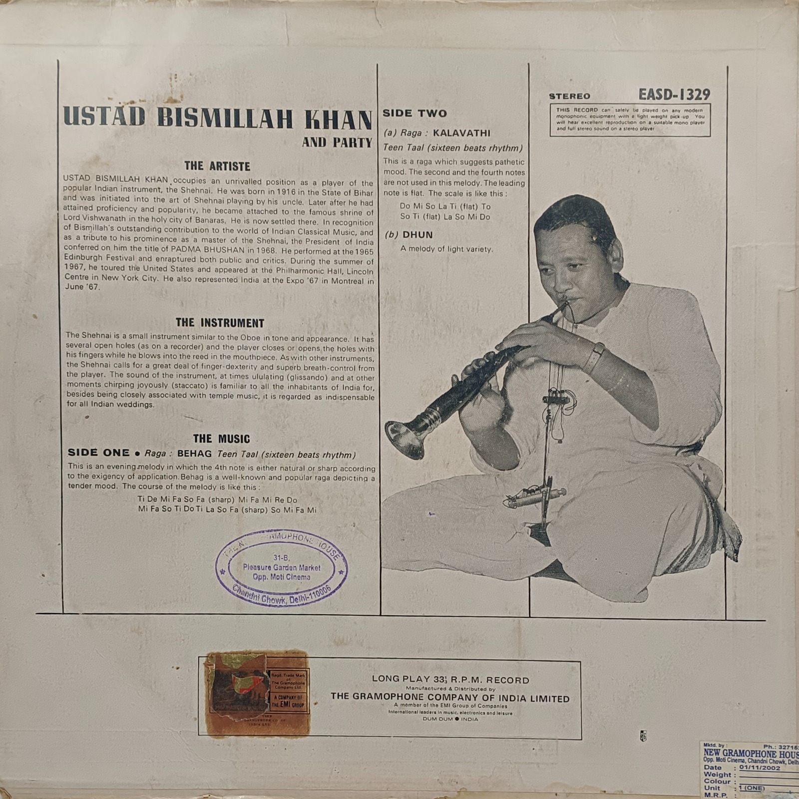 Bismillah Khan And Party - EASD 1329 - HMV Red Label - (Condition 80-85%) - Indian Classical Instrumental LP Vinyl Record Bismillah Khan And Party - EASD 1329 - HMV Red Label - (Condition 80-85%) - Indian Classical Instrumental LP Vinyl Record