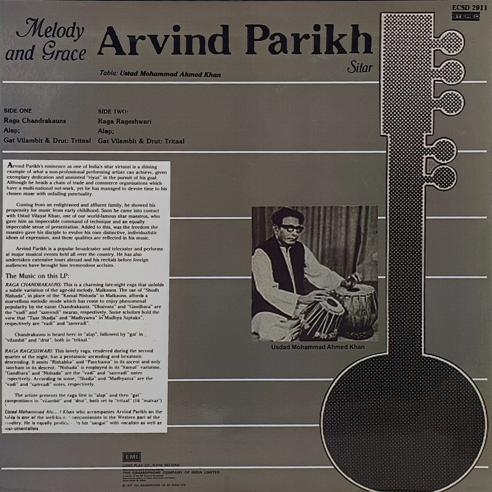 Arvind Parikh - ECSD 2911 - (Condition - 85-90%) – Cover Reprint - Indian Classical Instrumental LP Vinyl Record Arvind Parikh - ECSD 2911 - (Condition - 85-90%) – Cover Reprint - Indian Classical Instrumental LP Vinyl Record