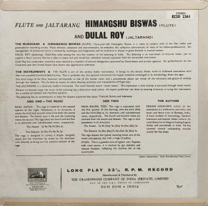 Himangshu Biswas And Dulal Roy – Flute and Jaltarang - ECSD 2361 – HMV Black Label – (Condition - 85-90%) - Indian Classical Instrumental LP Vinyl Record
