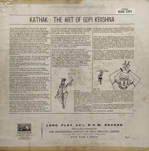 Kathak - The Art Of Gopi krishna - Kathak Dance Music - ECSD 2373 – (Condition 75-80%) - HMV Black Label - Indian Classical Instrumental LP Vinyl Record
