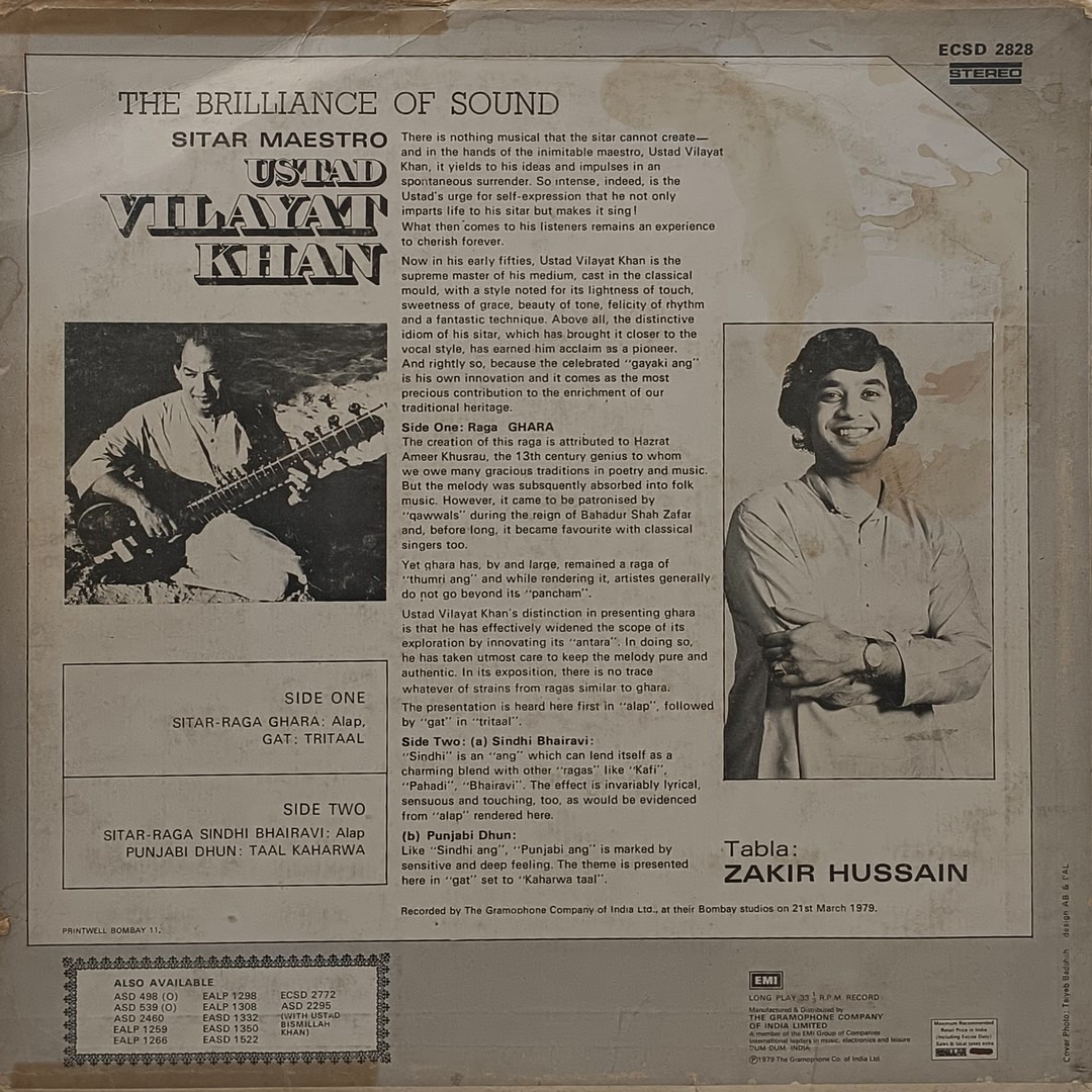 Vilayat Khan - (The Brilliance Of Sound) - ECSD 2828 - (Condition 85-90%) - Indian Classical Instrumental LP Vinyl Record Vilayat Khan - (The Brilliance Of Sound) - ECSD 2828 - (Condition 85-90%) - Indian Classical Instrumental LP Vinyl Record