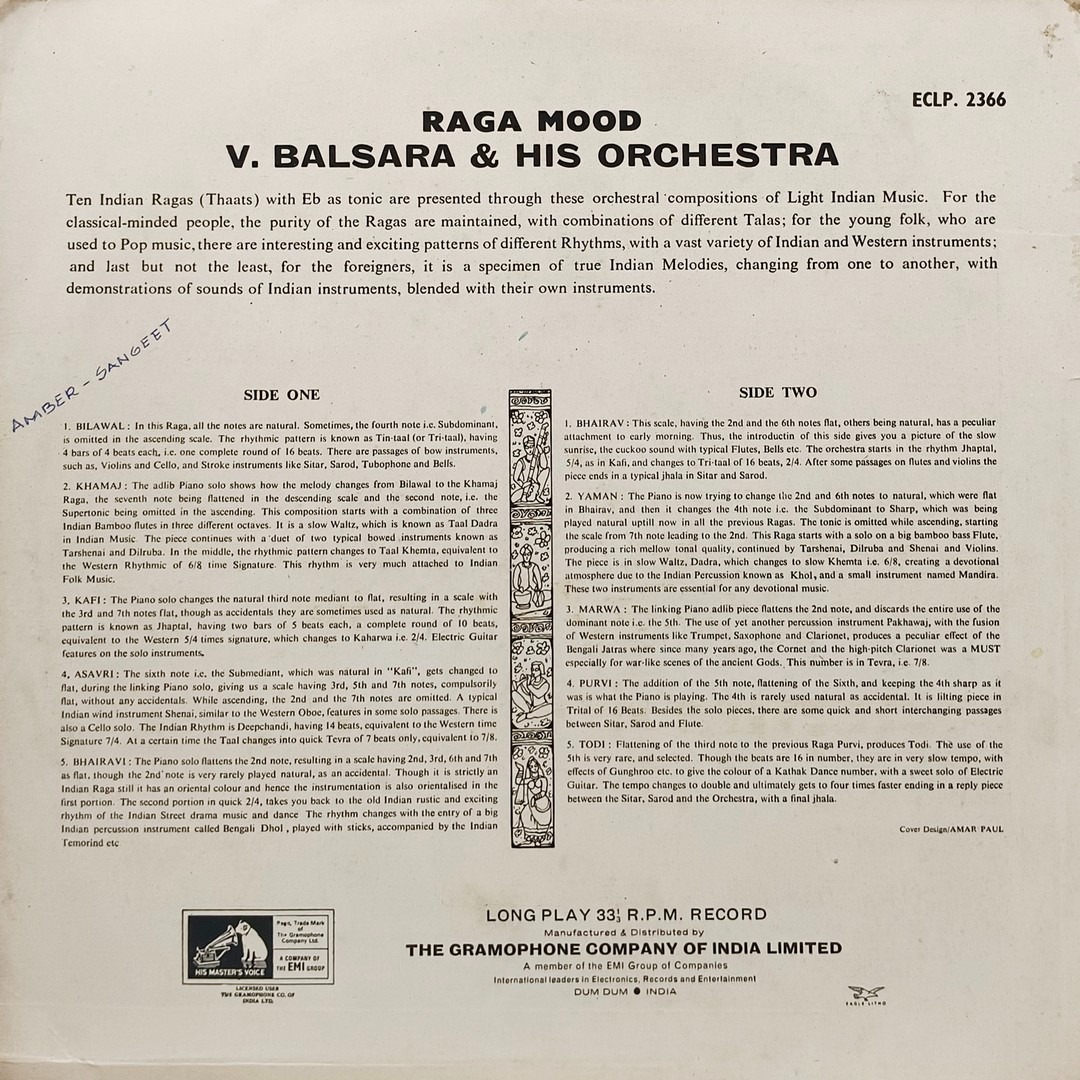 V. Balsara & His Orchestra - Raga Mood - ECLP 2366 - (Condition 90-95%) - HMV Colour Label - Indian Classical Instrument LP Vinyl Record V. Balsara & His Orchestra - Raga Mood - ECLP 2366 - (Condition 90-95%) - HMV Colour Label - Indian Classical Instrument LP Vinyl Record