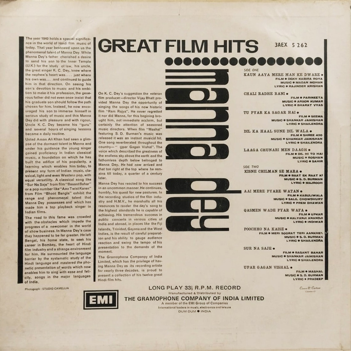 Manna Dey - Great Film Hits - 3AEX 5262 - (Condition - 90-95%) - Film Hits LP Vinyl Record Manna Dey - Great Film Hits - 3AEX 5262 - (Condition - 90-95%) - Film Hits LP Vinyl Record