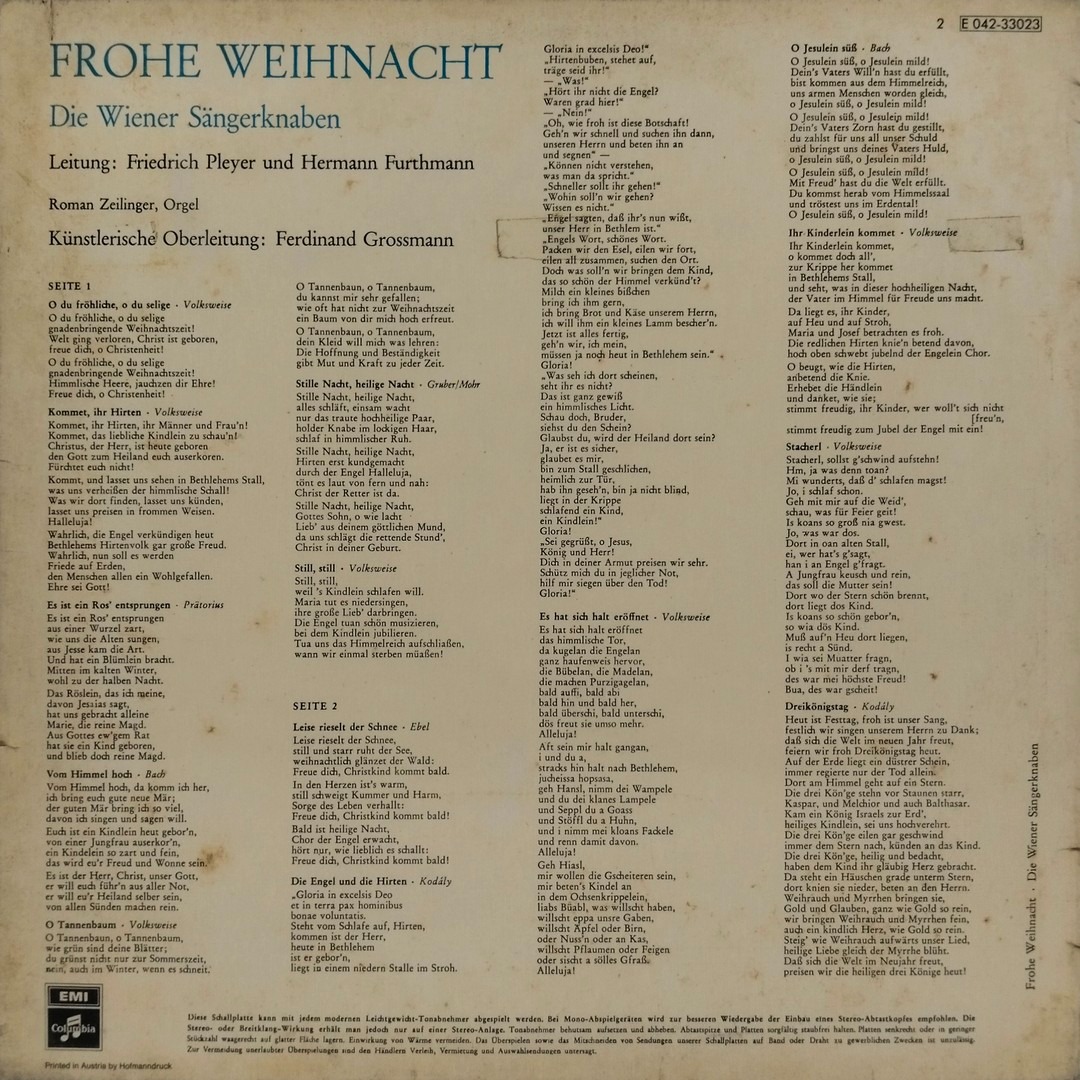 Die Wiener Sängerknaben – Frohe Weihnacht - E 042 33023 - Western Classical LP Vinyl Record Die Wiener Sängerknaben – Frohe Weihnacht - E 042 33023 - Western Classical LP Vinyl Record