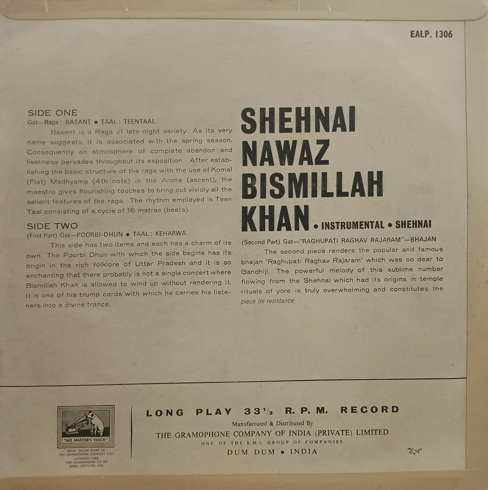 Bismillah Khan - EALP 1306 - (90-95%) - HMV Red Label - Indian Classical Instrumental LP Vinyl Record Bismillah Khan - EALP 1306 - (90-95%) - HMV Red Label - Indian Classical Instrumental LP Vinyl Record