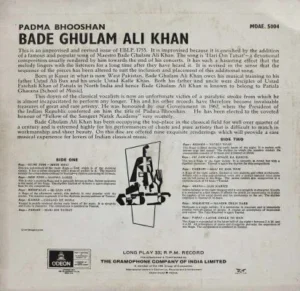 Bade Ghulam Ali Khan - Padma Bhooshan - MOAE 5004 - (Condition 90-95%) - Odeon First Pressing - Indian Classical Vocal LP Vinyl Record