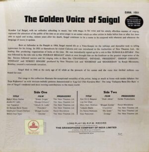 K. L. Saigal - The Golden Voice Of - EAHA 1001 - Film Hits LP Vinyl Record