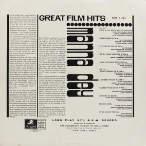 Manna Dey - Great Film Hits - 3AEX 5262 - (Condition - 85-90%) – Odeon First Pressing - Film Hits LP Vinyl Record