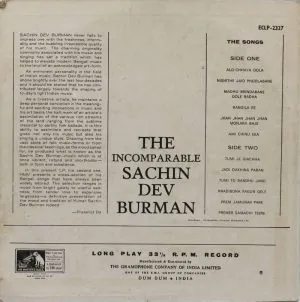 Sachin Dev Burman - The Incomparable - Bengali Songs - ECLP 2327 – (Condition - 90-95%) - Bengali LP Vinyl Record