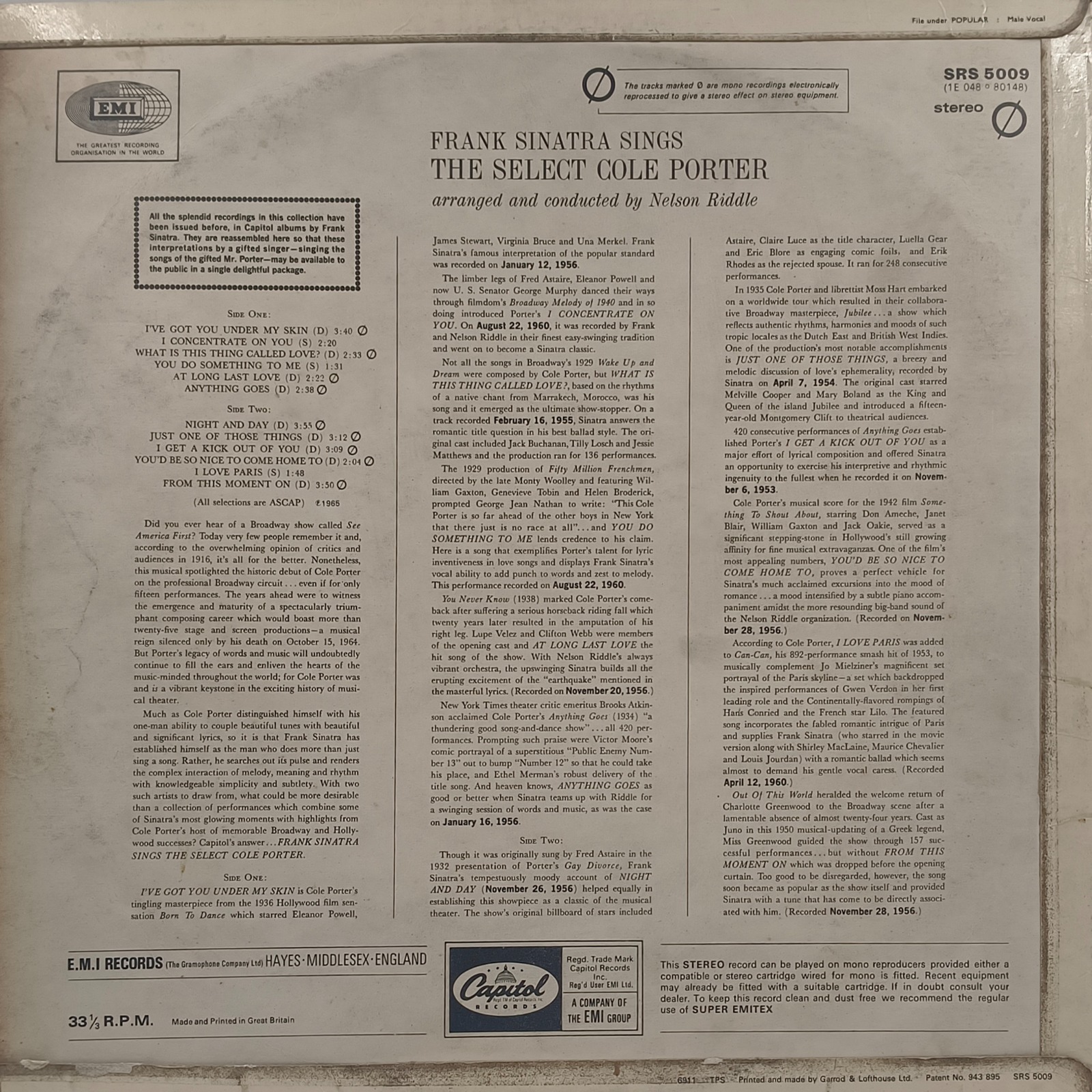 Frank Sinatra – Sings The Select Cole Porter - SRS 5009 - (85-90%) - English LP Vinyl Record Frank Sinatra – Sings The Select Cole Porter - SRS 5009 - (85-90%) - English LP Vinyl Record