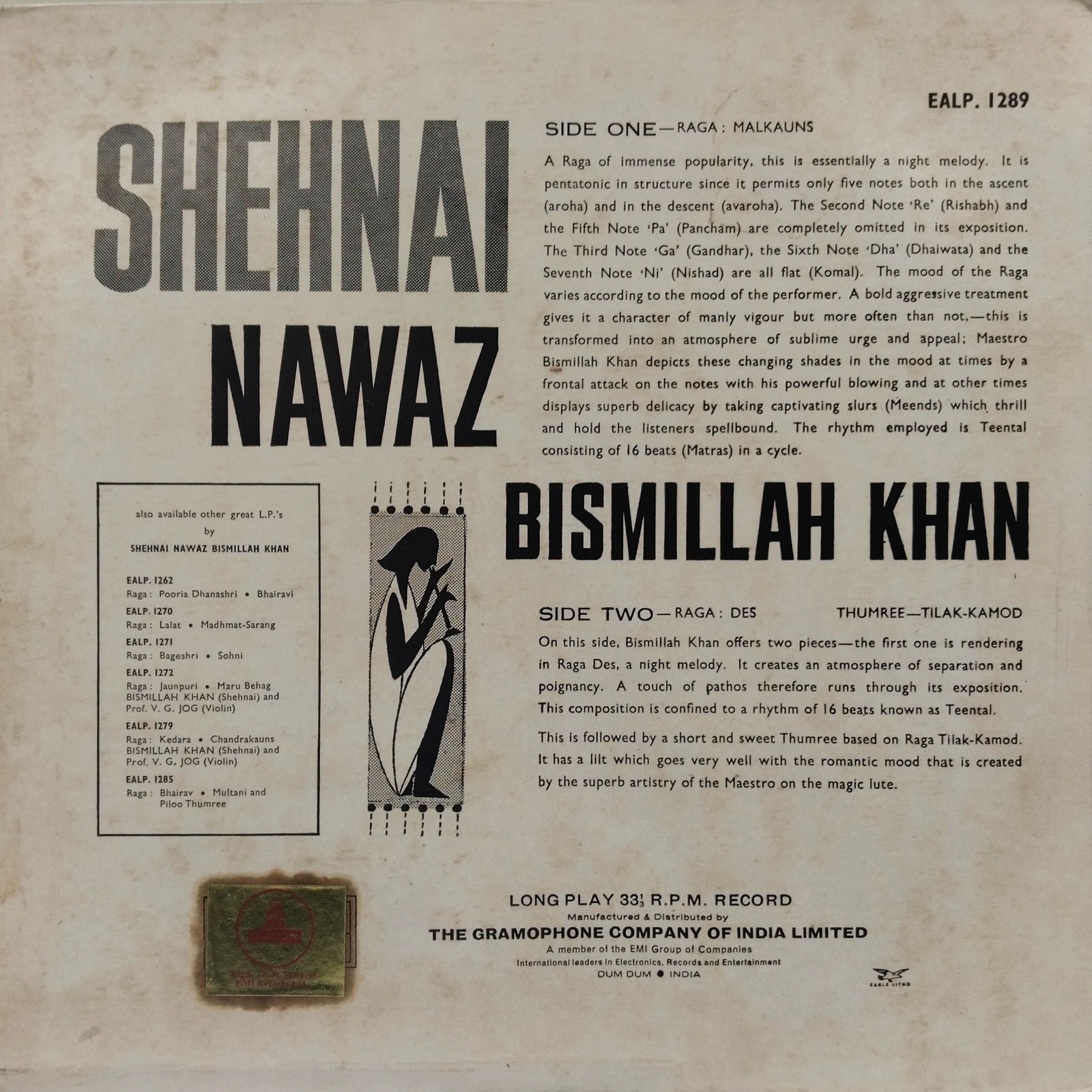 Bismillah Khan - EALP 1289 - (90-95%) - Indian Classical Instrumental LP Vinyl Record Bismillah Khan - EALP 1289 - (90-95%) - Indian Classical Instrumental LP Vinyl Record