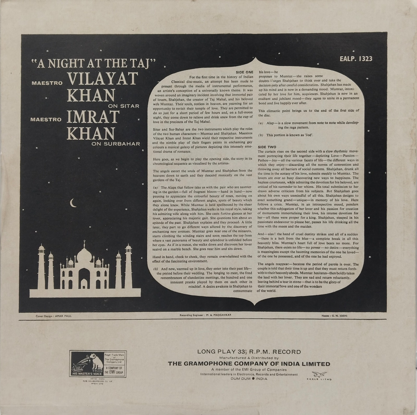 A Night At The Taj - EALP 1323 - (90-95%) - Indian Classical Instrumental LP Vinyl Record A Night At The Taj - EALP 1323 - (90-95%) - Indian Classical Instrumental LP Vinyl Record