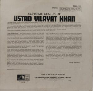 Vilayat Khan - The Supreme Genius Of - EASD 1332 - HRL - Indian Classical Instrumental LP Vinyl Record