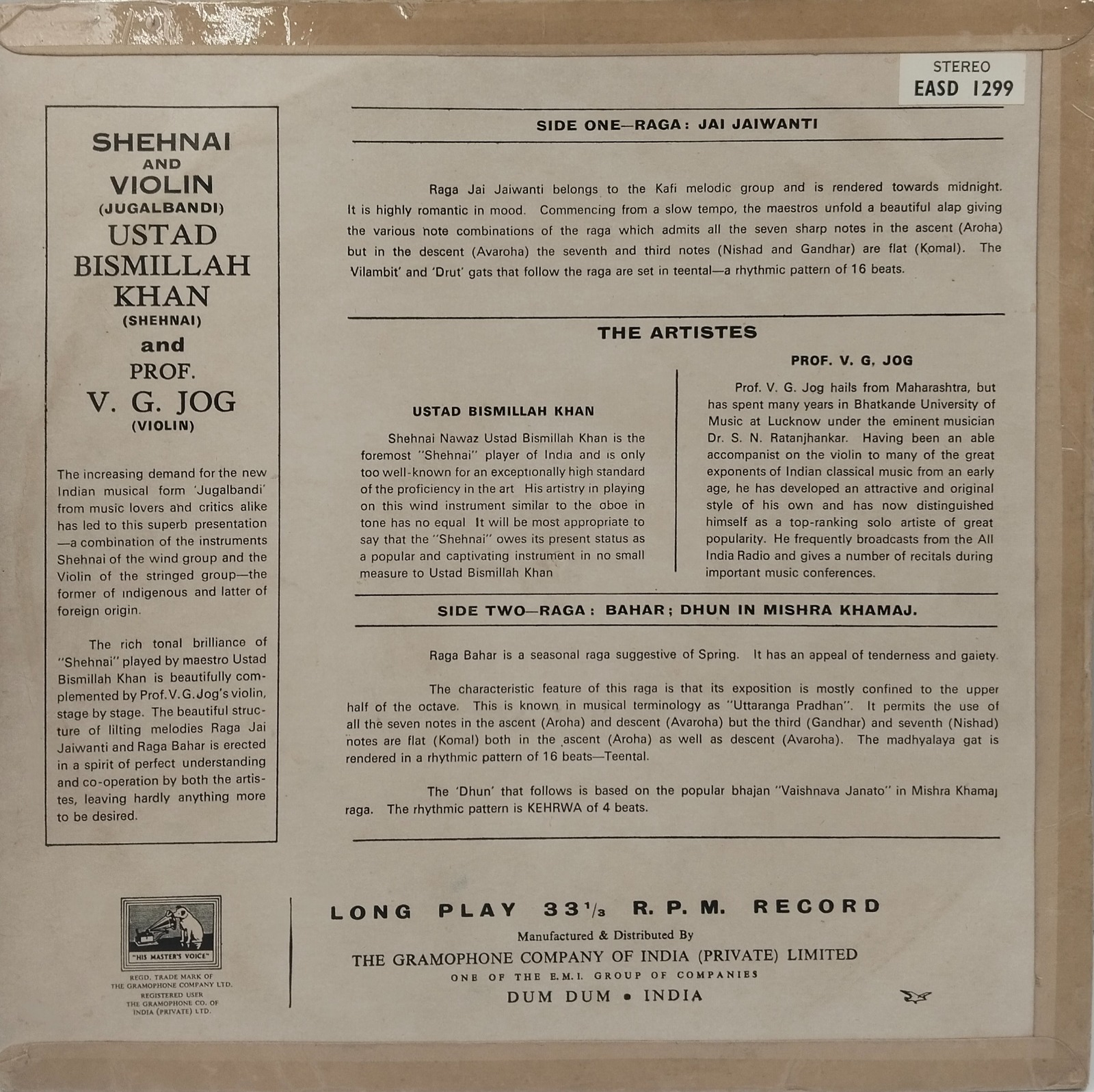 Bismillah Khan And V G Jog – Jugal Bandi - EASD 1299 - HRL - (90-95%) - Indian Classical Instrumental LP Vinyl Record Bismillah Khan And V G Jog – Jugal Bandi - EASD 1299 - HRL - (90-95%) - Indian Classical Instrumental LP Vinyl Record