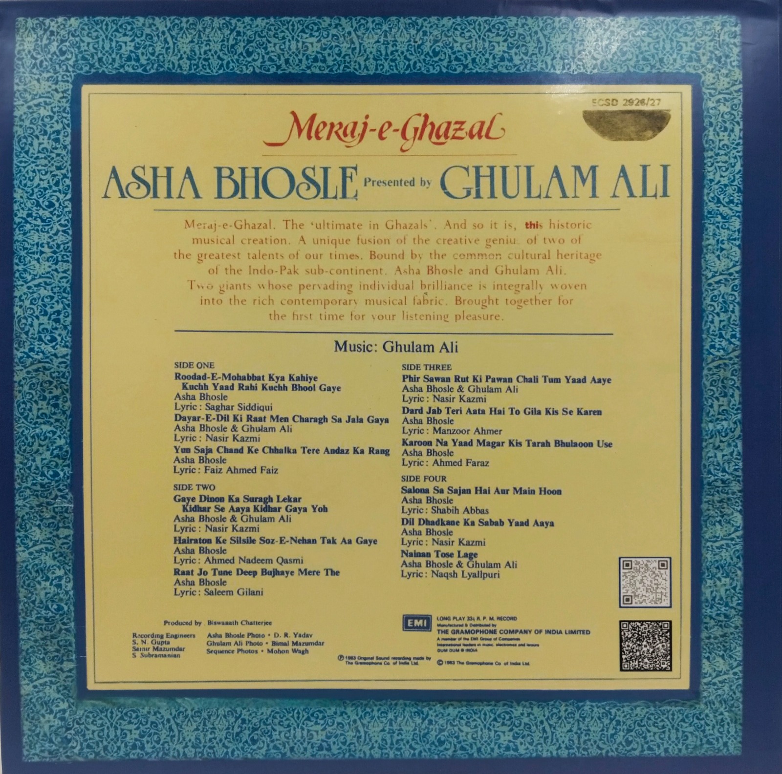 Asha Bhosle & Ghulam Ali - Meraj-E-Ghazal - ECSD 2926/27 - (90-95%) - CR - 2LP - Ghazals LP Vinyl Record Asha Bhosle & Ghulam Ali - Meraj-E-Ghazal - ECSD 2926/27 - (90-95%) - CR - 2LP - Ghazals LP Vinyl Record