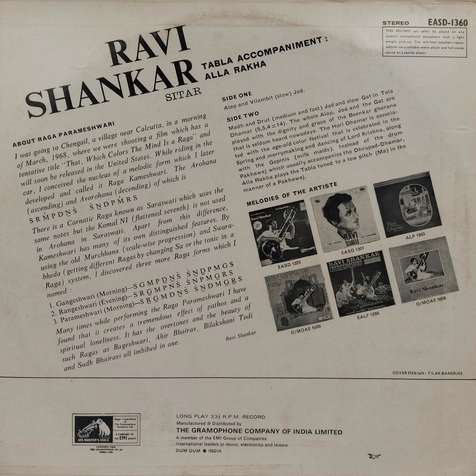 Ravi Shankar – Raga Parameshwari - EASD 1360 - Indian Classical Instrumental LP Vinyl Record Ravi Shankar – Raga Parameshwari - EASD 1360 - Indian Classical Instrumental LP Vinyl Record