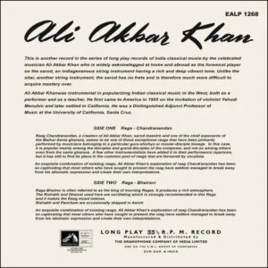 Ali Akbar Khan - EALP 1268 – (Condition 85-90%) – Cover Reprinted - HMV Red Label - Indian Classical Instrumental LP Vinyl
