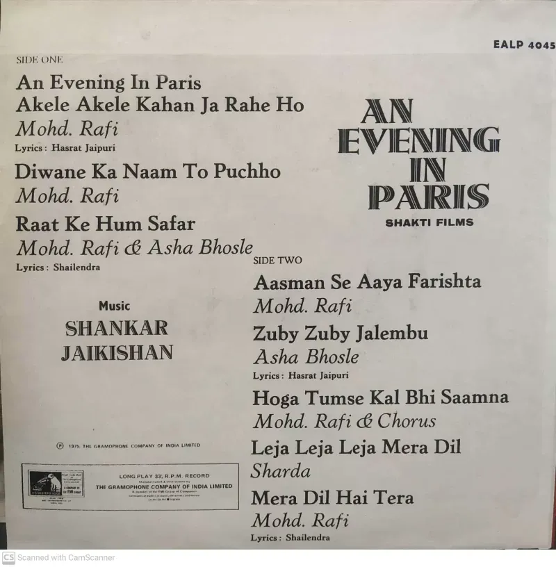 An Evening In Paris - EALP 4045 - (85-90%) - Bollywood LP Vinyl Record An Evening In Paris - EALP 4045 - (85-90%) - Bollywood LP Vinyl Record