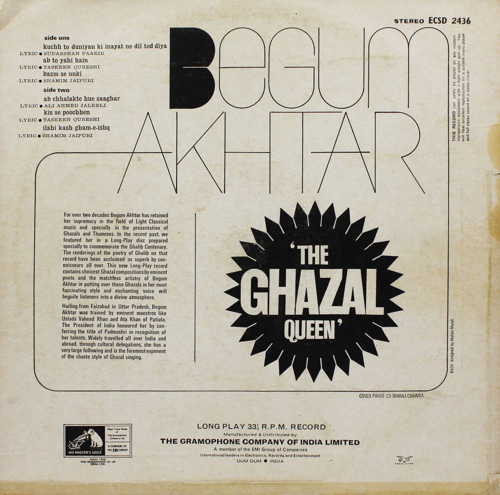 Begum Akhtar - ECSD 2436 - Ghazals LP Vinyl Record Begum Akhtar - ECSD 2436 - Ghazals LP Vinyl Record
