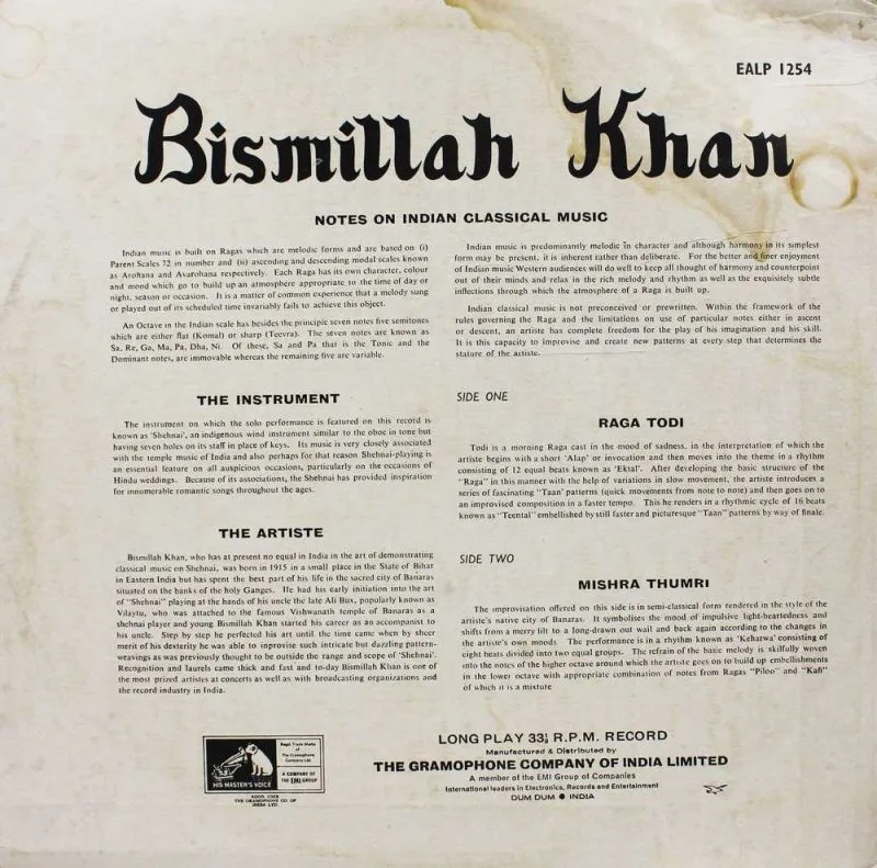 Bismillah Khan - EALP 1254 - HRL - Indian Classical Instrumental LP Vinyl Record Bismillah Khan - EALP 1254 - HRL - Indian Classical Instrumental LP Vinyl Record