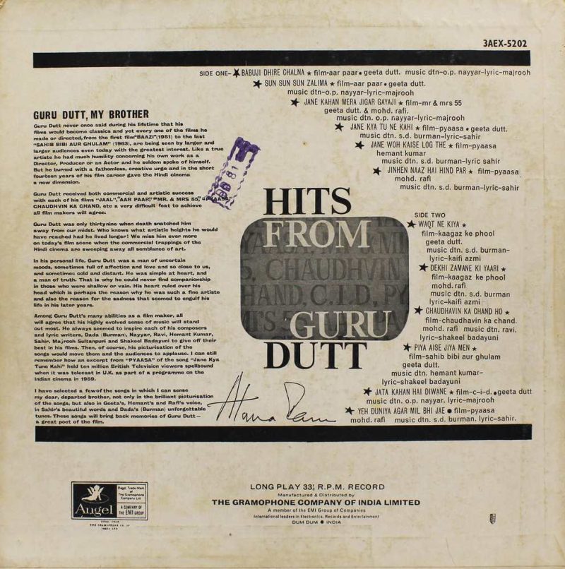 Guru Dutt Hits - 3AEX 5202 - (Condition - 80-85%) - Film Hits LP Vinyl Record Guru Dutt Hits - 3AEX 5202 - (Condition - 80-85%) - Film Hits LP Vinyl Record