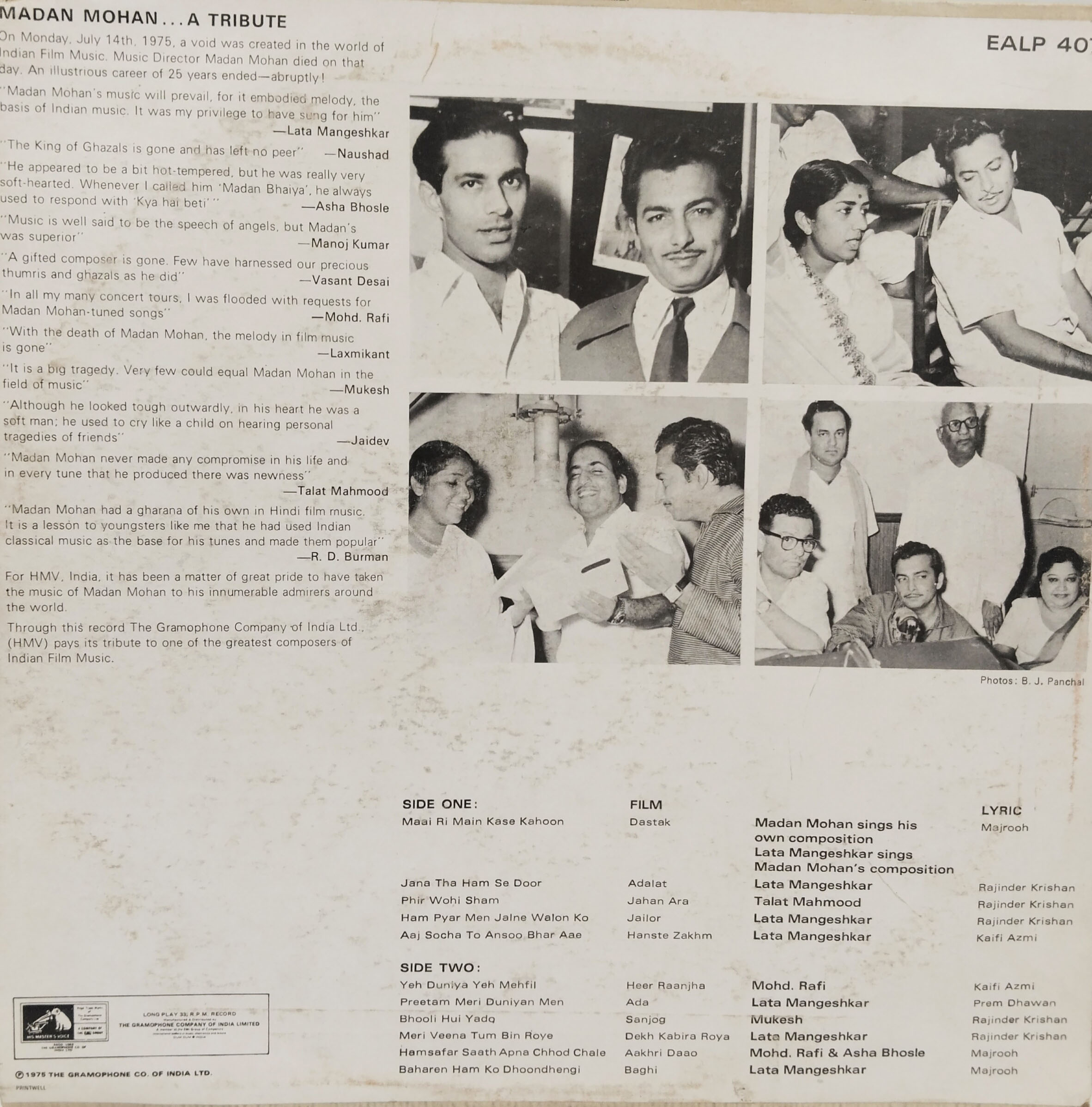 Madan Mohan - A Tribute - EALP 4079 - Film Hits LP Vinyl Record Madan Mohan - A Tribute - EALP 4079 - Film Hits LP Vinyl Record