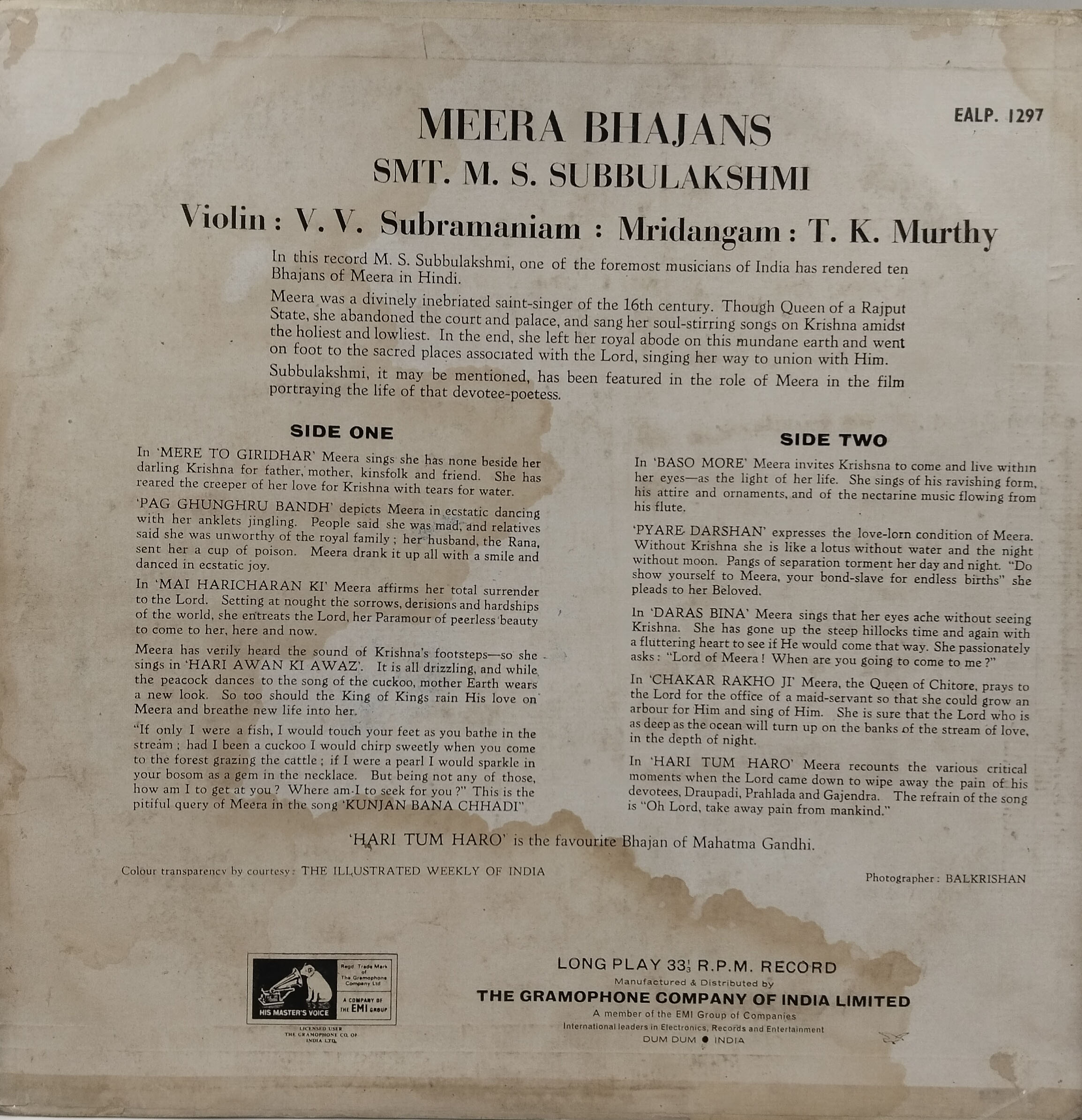 MEERA BHAJANS - EALP 1297 - (90-95%) - Devotional LP Vinyl Record MEERA BHAJANS - EALP 1297 - (90-95%) - Devotional LP Vinyl Record