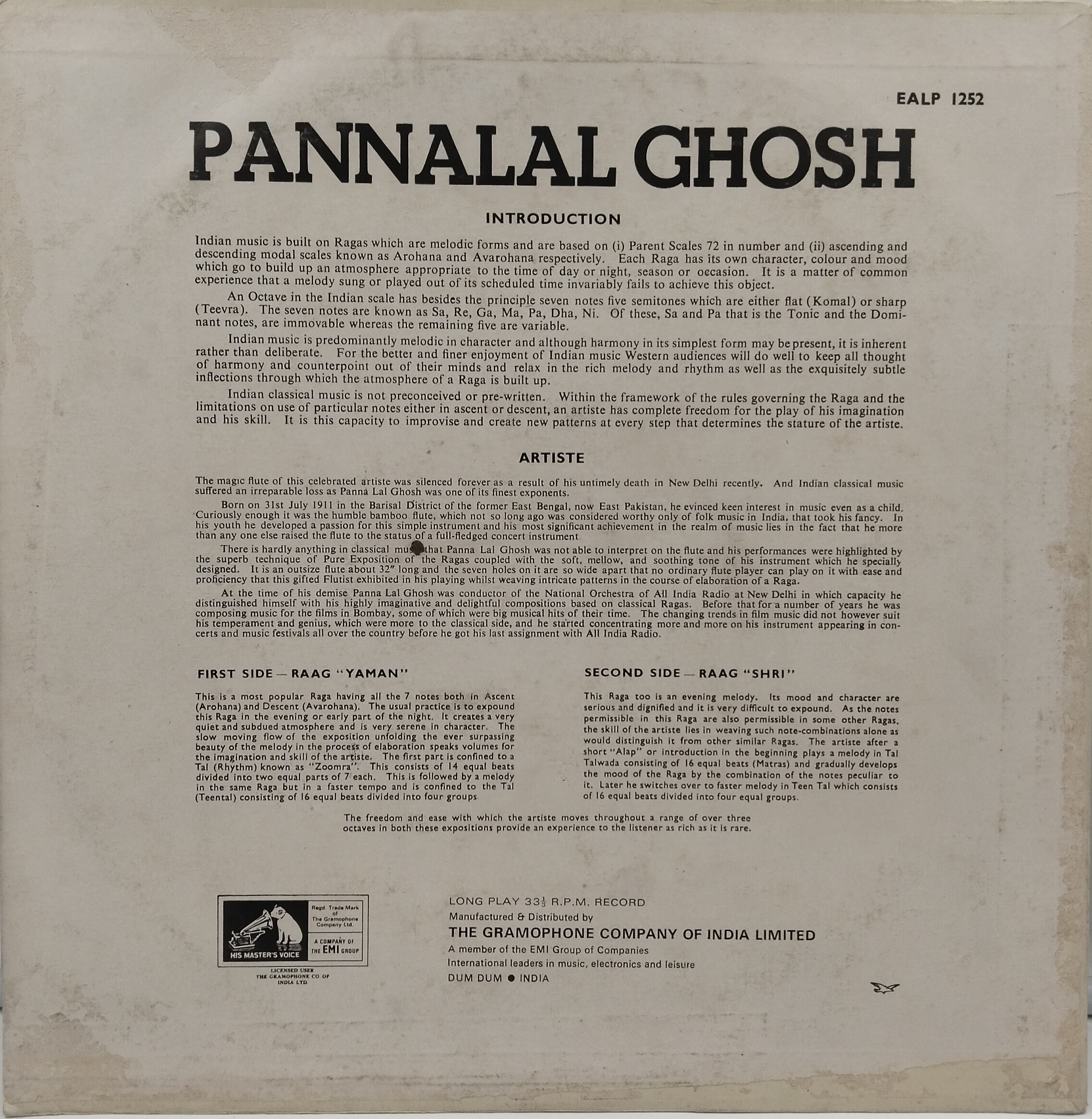 Pannalal Ghosh - EALP 1252 - Indian Classical Instrumental LP Vinyl Record Pannalal Ghosh - EALP 1252 - Indian Classical Instrumental LP Vinyl Record
